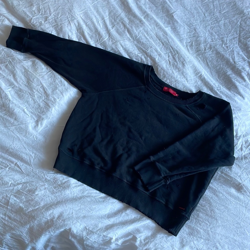 Philanthropy Cropped Sleeve Distressed Sweater